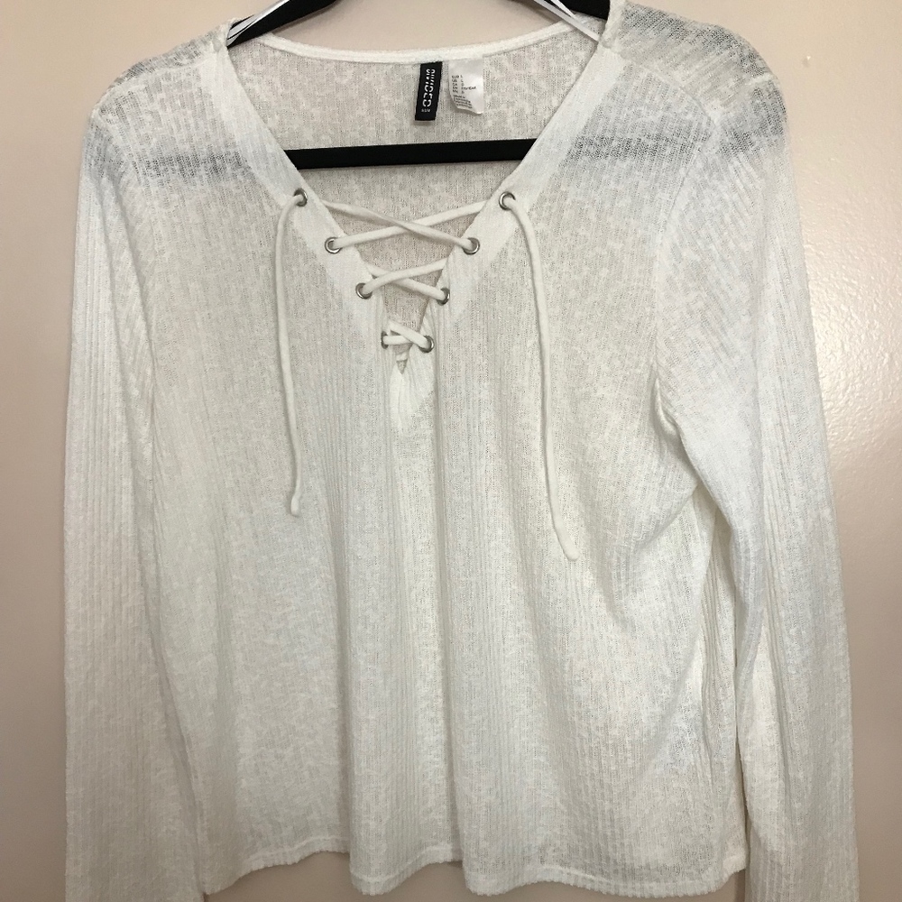 White Long Sleeve Lace up V-Neck Top